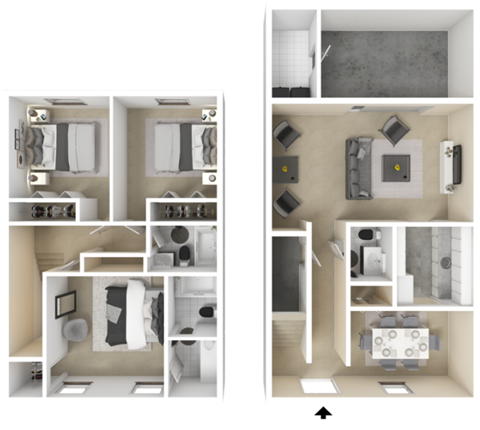 Floor plan for 3 beds, 2.5 baths, 1405 sqft